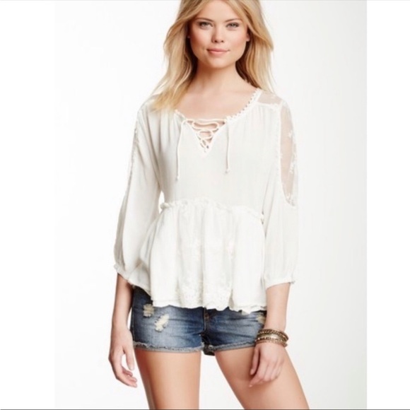 Free People Romance of the Rose Ivory Sheer Lacey Lace-Up Tunic Size XS - Picture 4 of 16